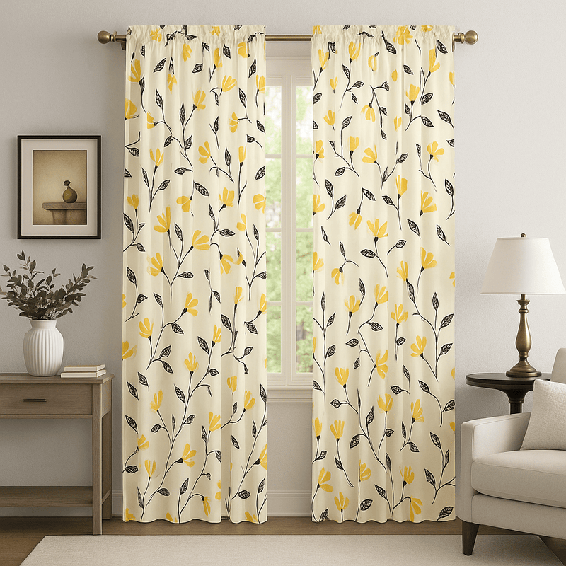 DaDa Bedding Set of 2 Botanical Floral Window Curtain Panels - Natural Semi Sheer Yellow Fleur Golden Orange Spring Time Tulips Straight Tailored Edge DaDalogy Bedding Collection