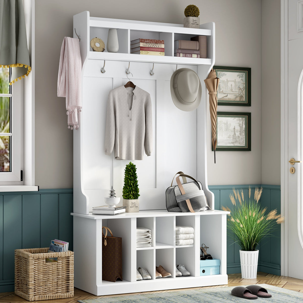U-Can Hall Tree with 6 Hooks  Coat Hanger Entryway Bench Storage Bench (White) V.I.P Digital Presence