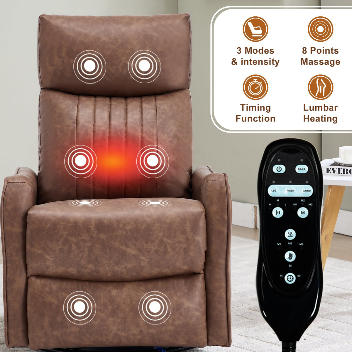 Brown Heat Massage Manual Recliner Chair with Rocker and Swivel - Brown HouseOfZazla