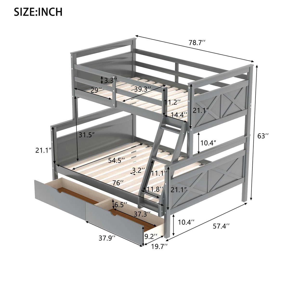 Twin over Full Bunk Bed with Ladder Two Storage Drawers  Safety Guardrail  Gray V.I.P Digital Presence