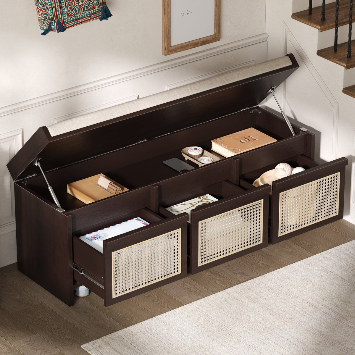 TREXM 48" Entryway Shoe Bench, Retro Style with Rattan Drawers