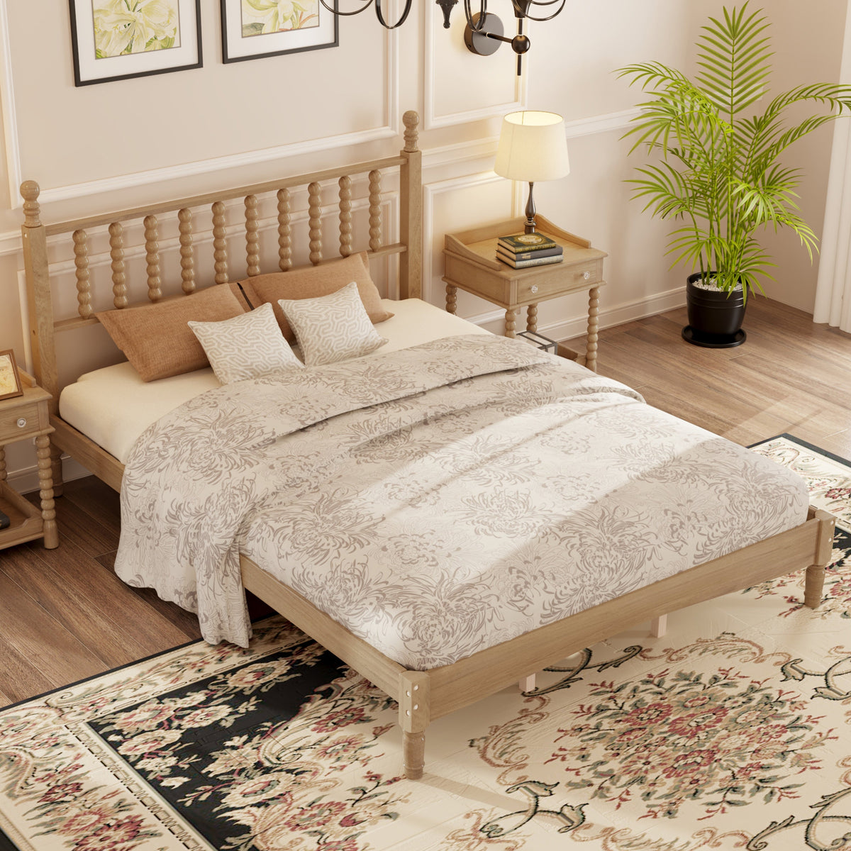 Queen Size Wood Platform Bed with Gourd-Shaped Headboard - Natural Wood HouseOfZazla