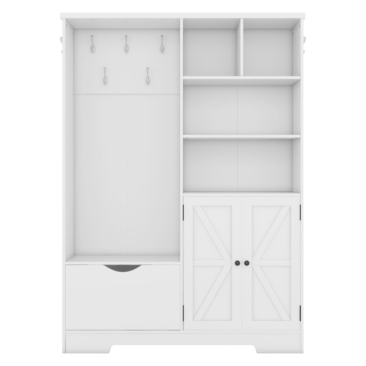 Multi-functional Hall Tree with Storage Shelves Drawers Cabinet Elegant Hallway Shoe Cabinet with Bench Modern Coat Rack White V.I.P Digital Presence