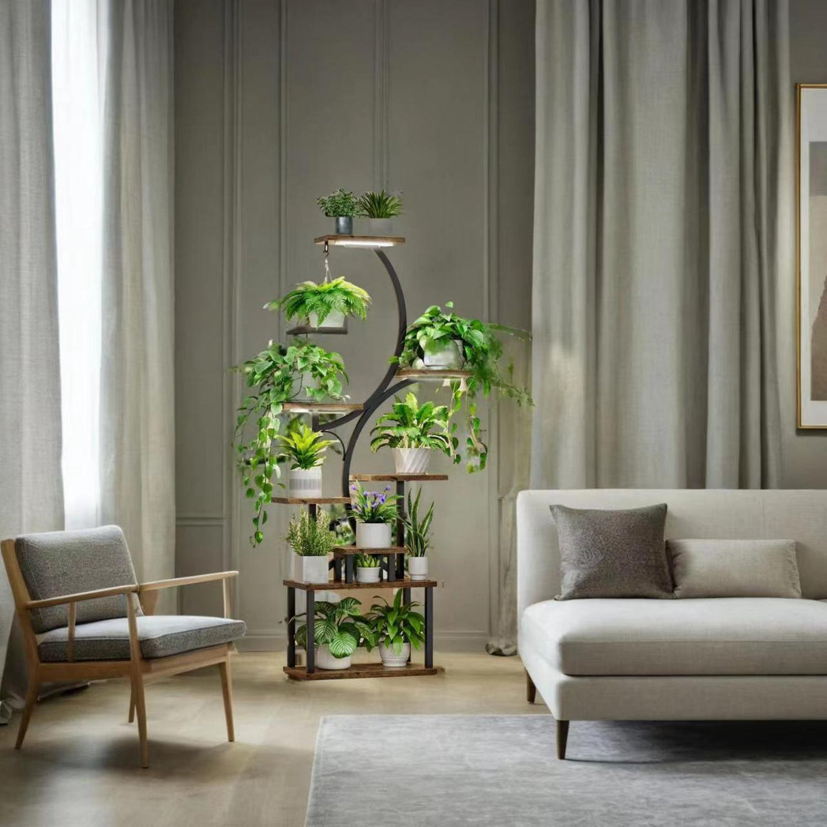 8 Tier Indoor Plant Stand with Grow Lights - Black & Dark Walnut HouseOfZazla