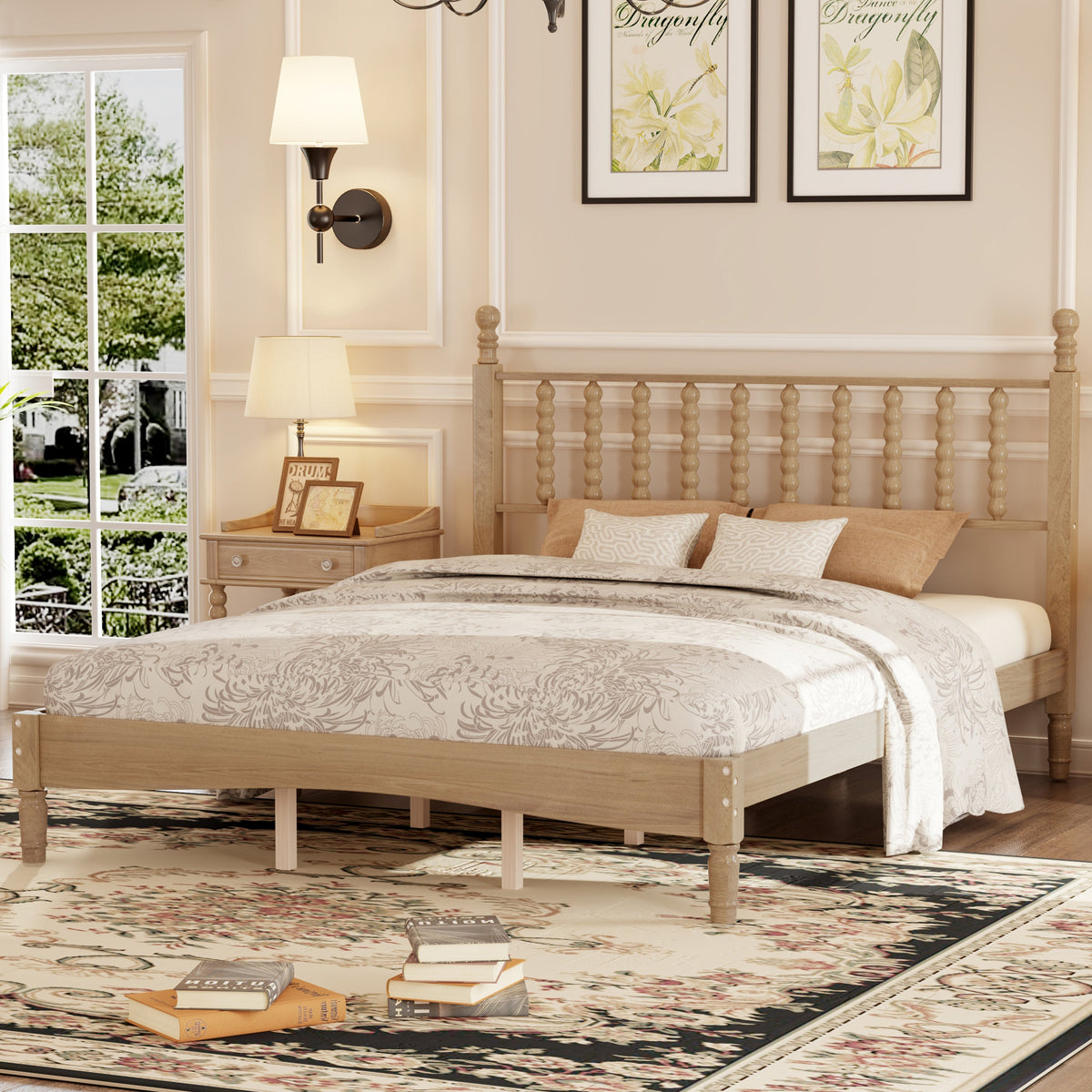 Queen Size Wood Platform Bed with Gourd-Shaped Headboard - Natural Wood HouseOfZazla