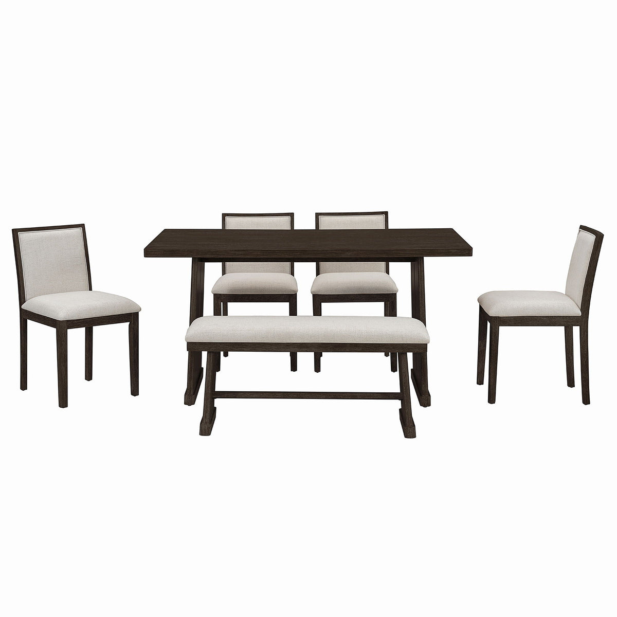 6 Piece Dining Room Set with Upholstered Chairs & Padded Bench - Light or Dark Brown HouseOfZazla