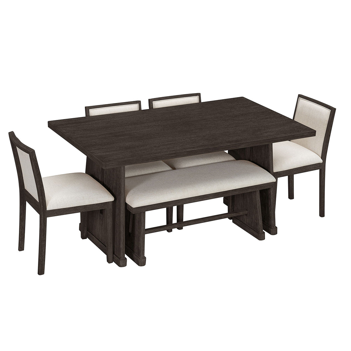 6 Piece Dining Room Set with Upholstered Chairs & Padded Bench - Light or Dark Brown HouseOfZazla