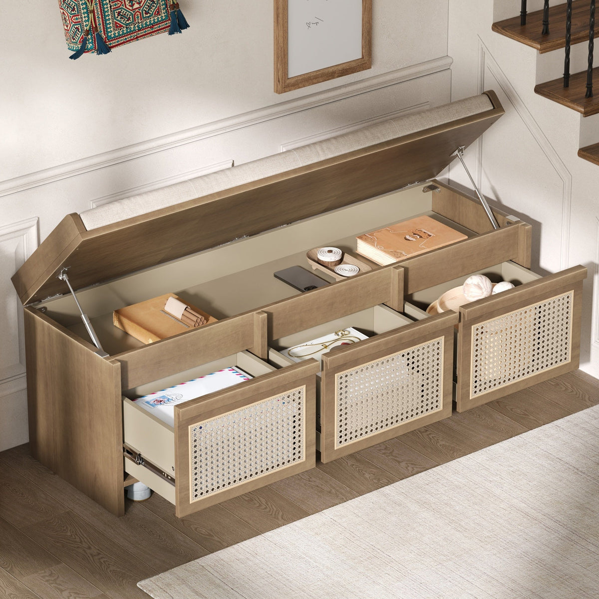 TREXM 48" Entryway Shoe Bench, Retro Style with Rattan Drawers