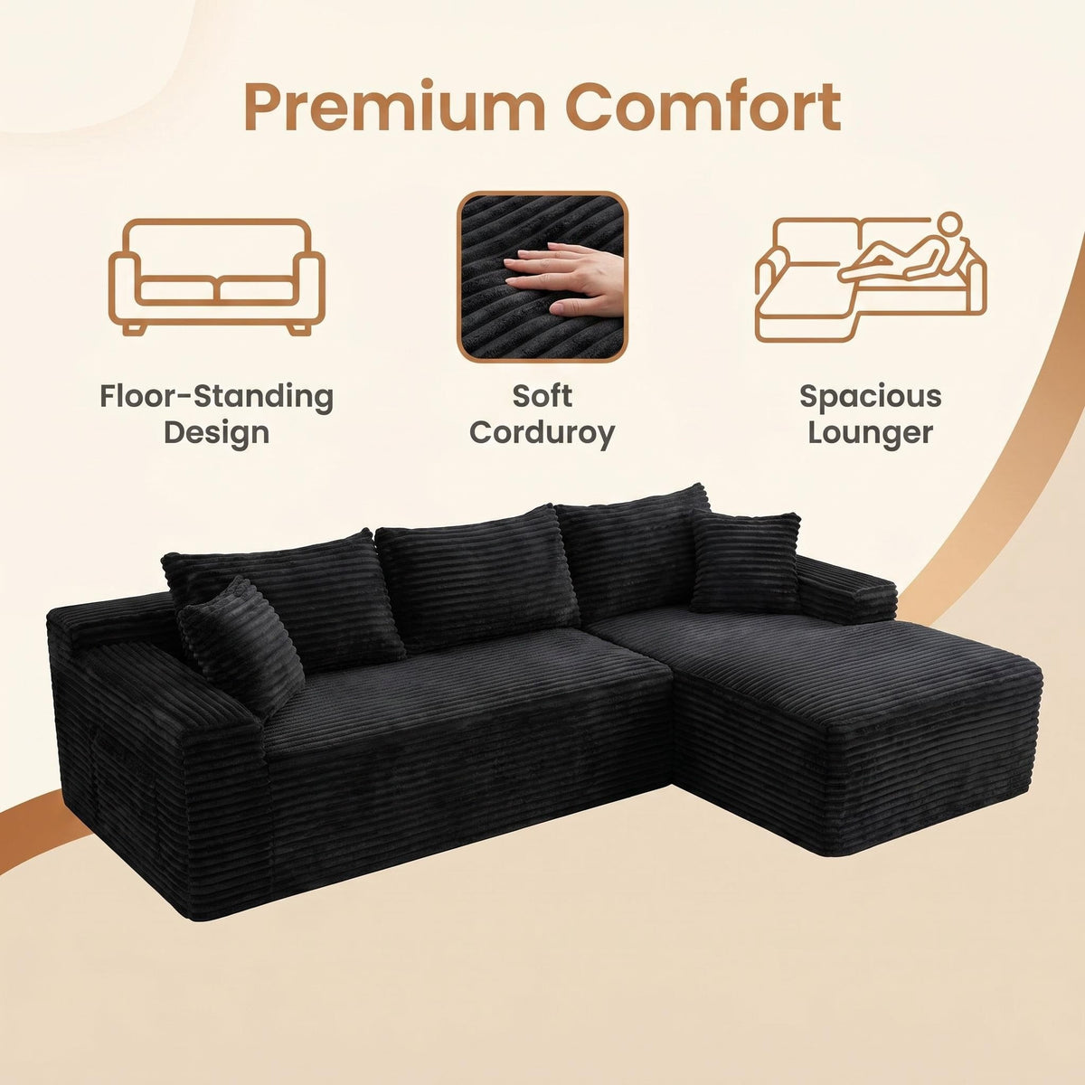 Corduroy Sectional Sofa with L-Shape Chaise - 106.3" Cloud Modular in Charcoal HouseOfZazla