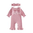 Embroidered Lotus-leaf Collar Long-sleeve Jumpsuit Headband