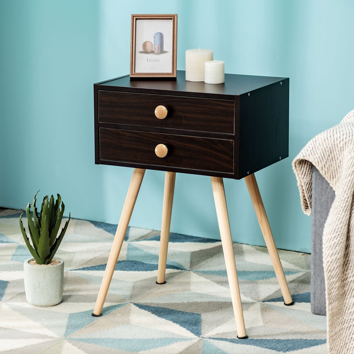 Modern Nightstand Bedside Table Mid Century with 2 Drawers-Natural DirectDeals