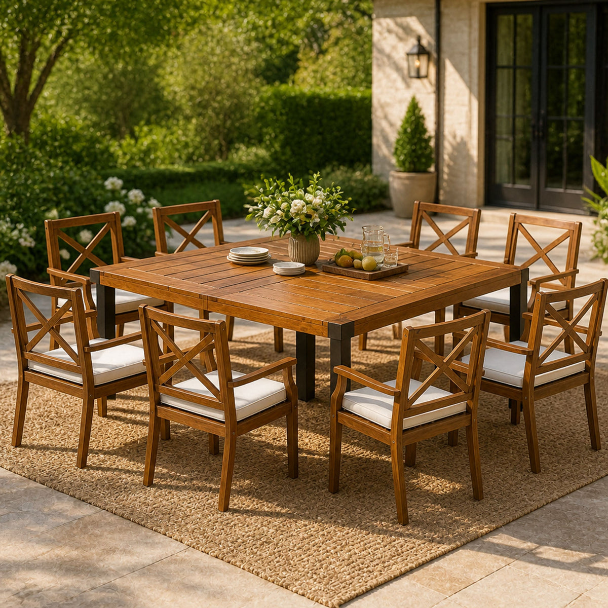 9-Piece Acacia Wood Outdoor Patio Dining Set with X-Back Chairs - Teak Finish HouseOfZazla