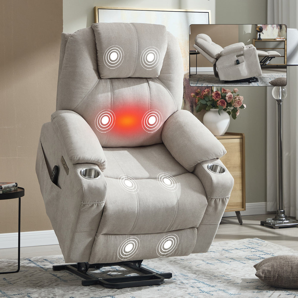 Power Lift Recliner Chair with Massage & Heating - Polyester HouseOfZazla