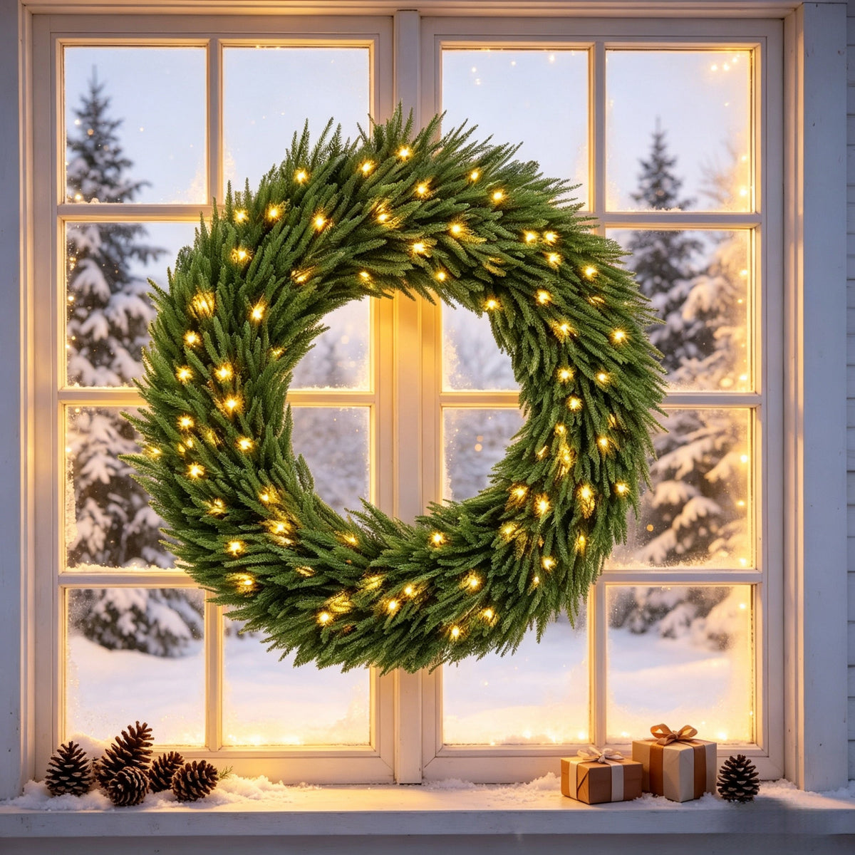 36-Inch Pre-Lit Christmas Wreath with Warm White Lights - Green HouseOfZazla