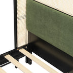 Queen Size Bed Frame with Green Upholstered Headboard
