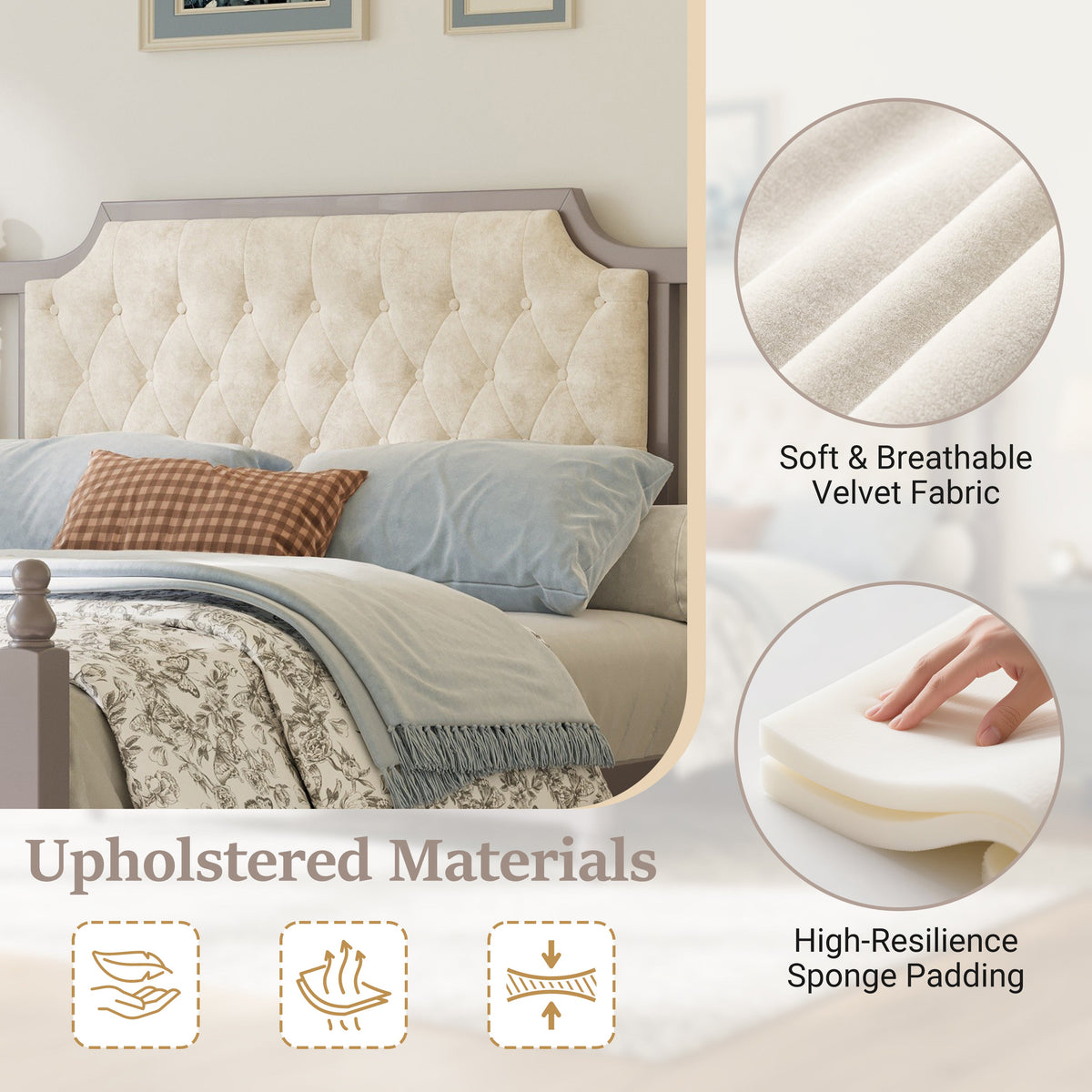 Queen Size Upholstered Platform Bed with Button Tufted Velvet Headboard - Taupe or Brown HouseOfZazla