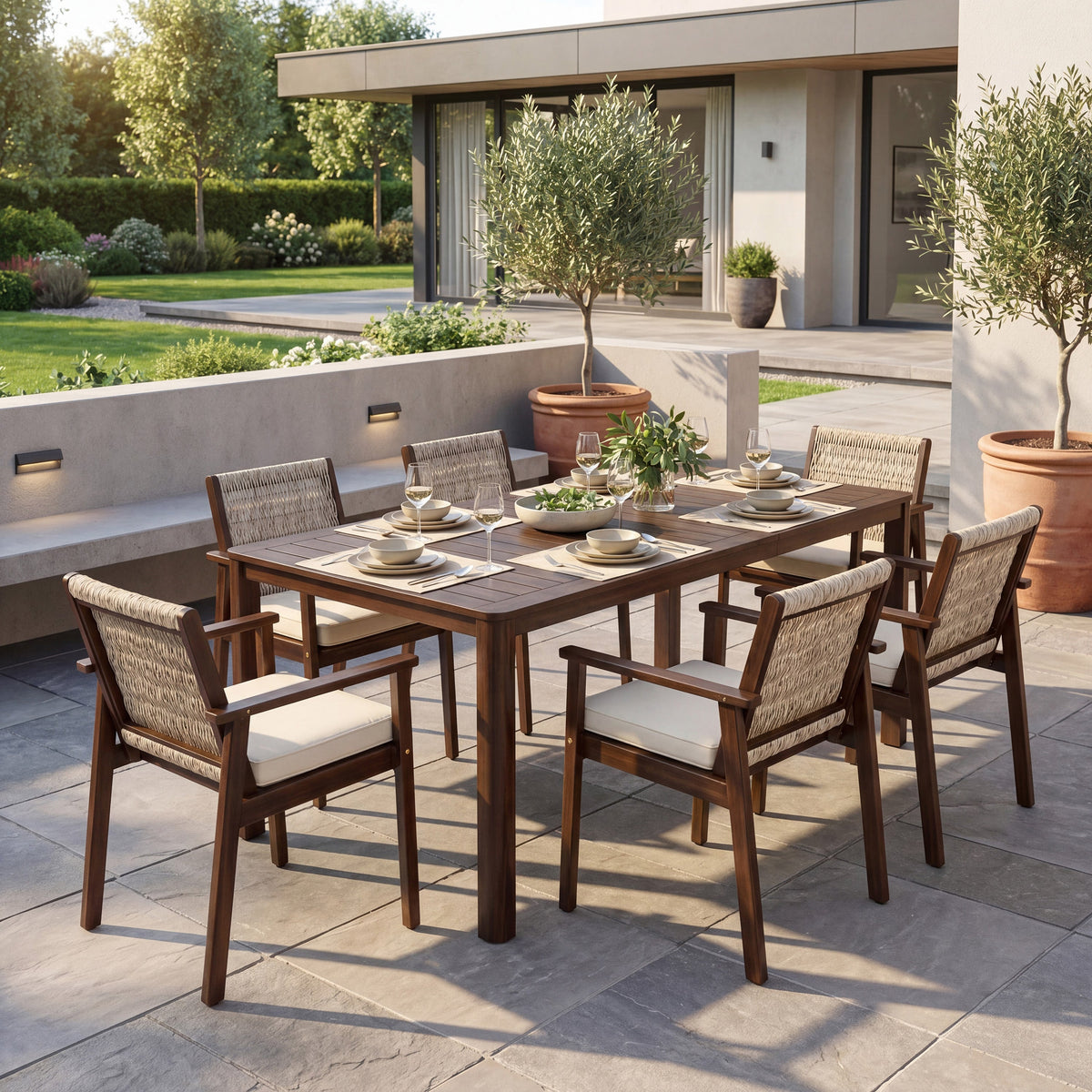 7 Piece Outdoor Acacia Wood Dining Set With Cushions HouseOfZazla
