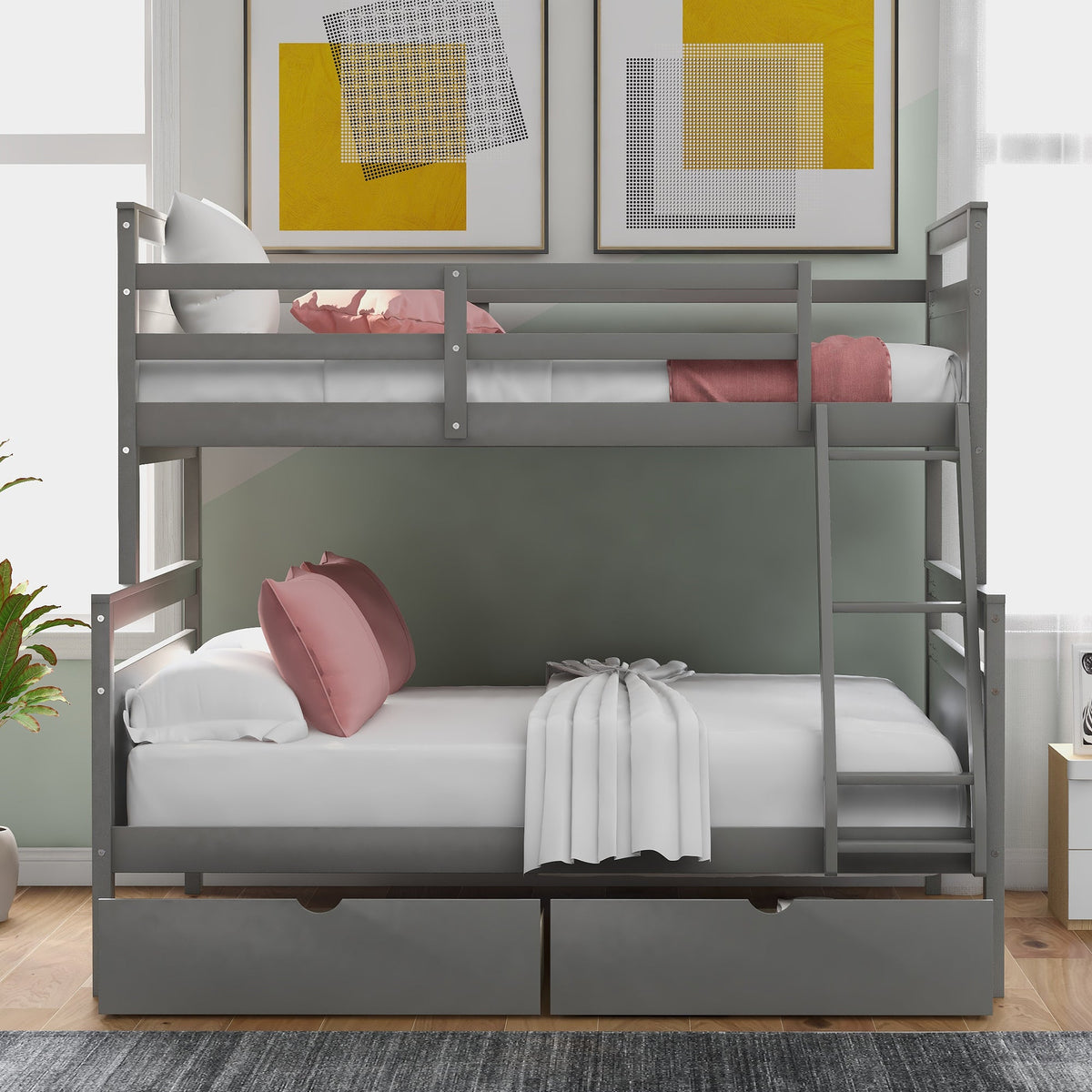 Twin over Full Bunk Bed with Ladder Two Storage Drawers  Safety Guardrail  Gray V.I.P Digital Presence