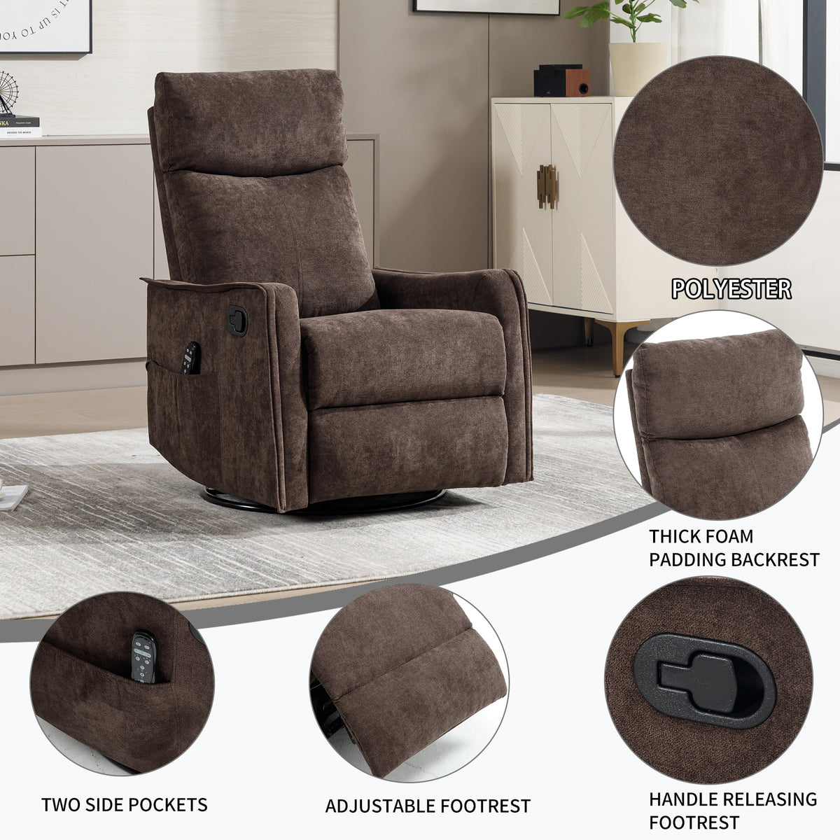 Heat Massage Manual Recliner Chair with Rocker and Swivel in Fabric HouseOfZazla