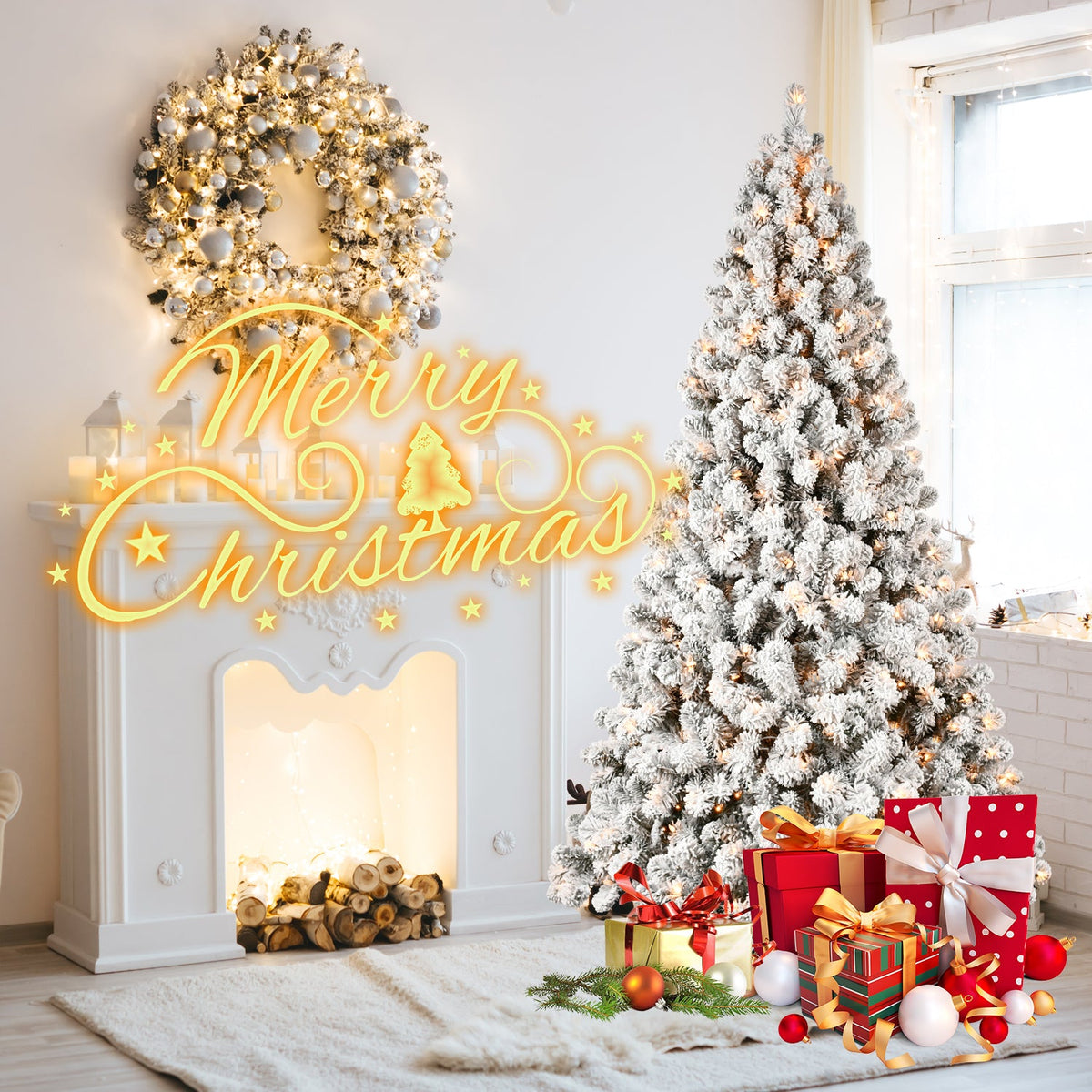 6ft Flocked Pre-Lit Christmas Tree with 300 Warm White Lights - Snow Effect HouseOfZazla