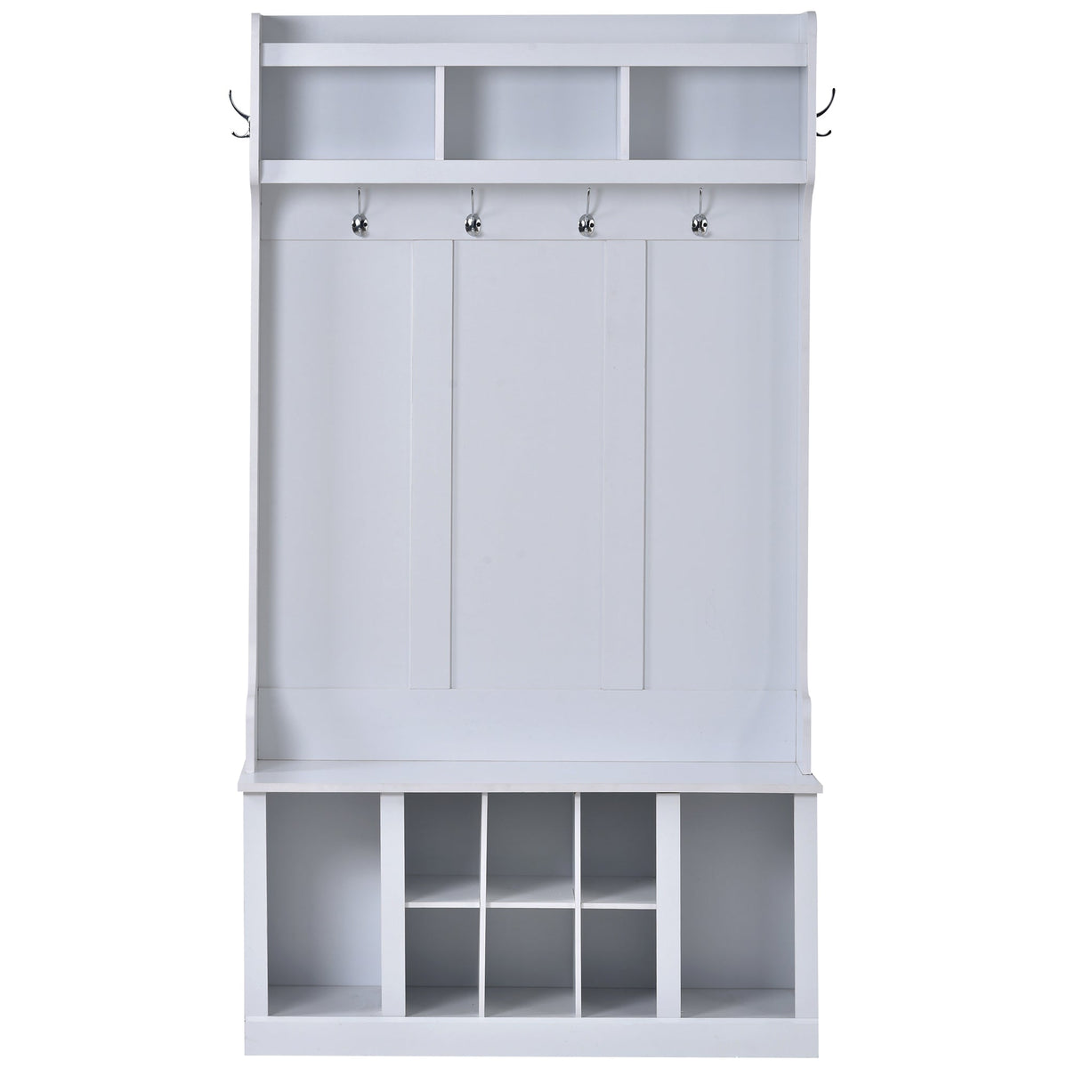 U-Can Hall Tree with 6 Hooks  Coat Hanger Entryway Bench Storage Bench (White) V.I.P Digital Presence