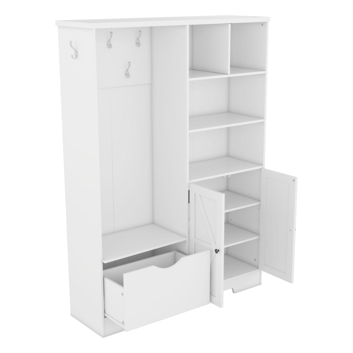 Multi-functional Hall Tree with Storage Shelves Drawers Cabinet Elegant Hallway Shoe Cabinet with Bench Modern Coat Rack White V.I.P Digital Presence