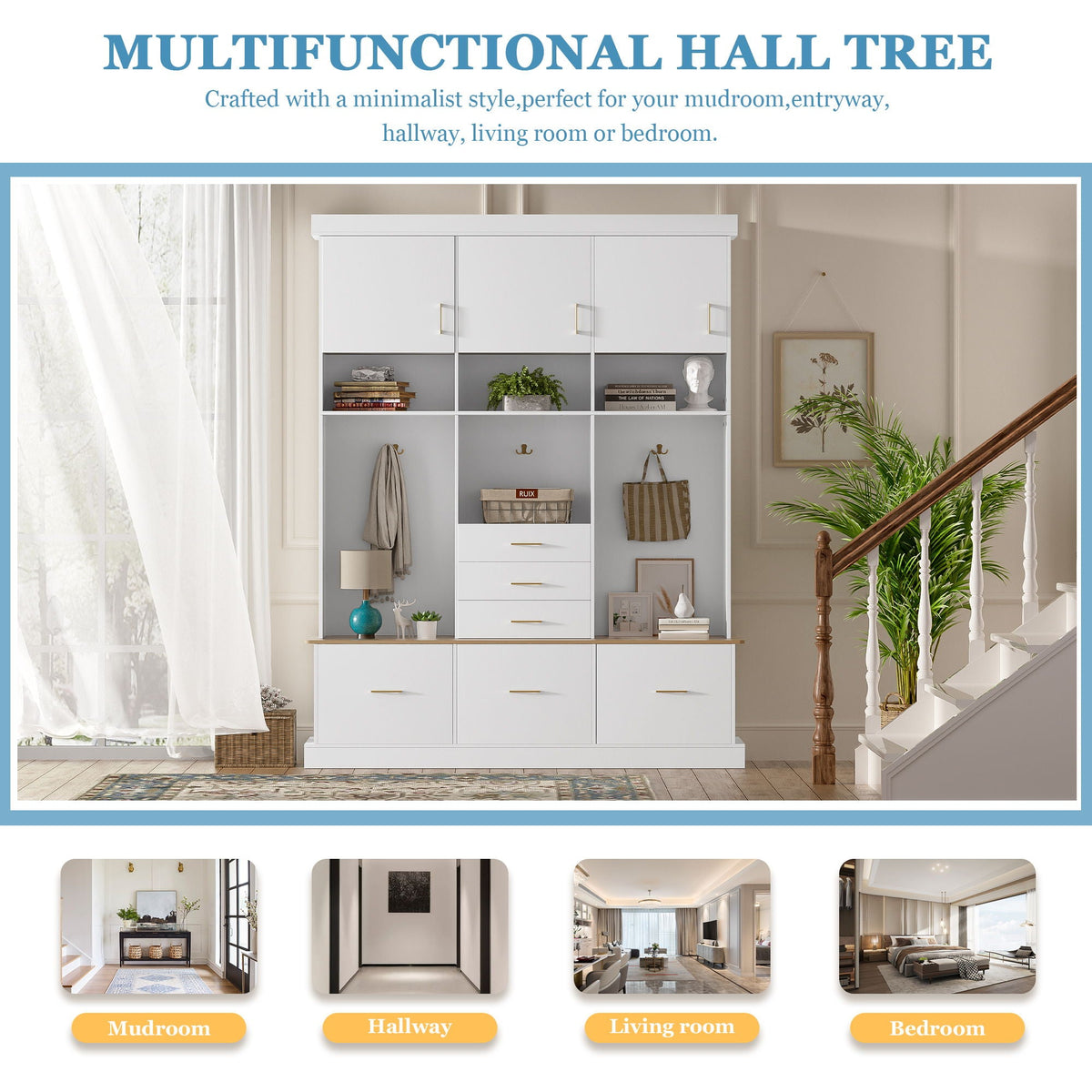 Entryway Hall Tree With Bench and Storage, 5 in 1 Coat Rack – Black or White HouseOfZazla