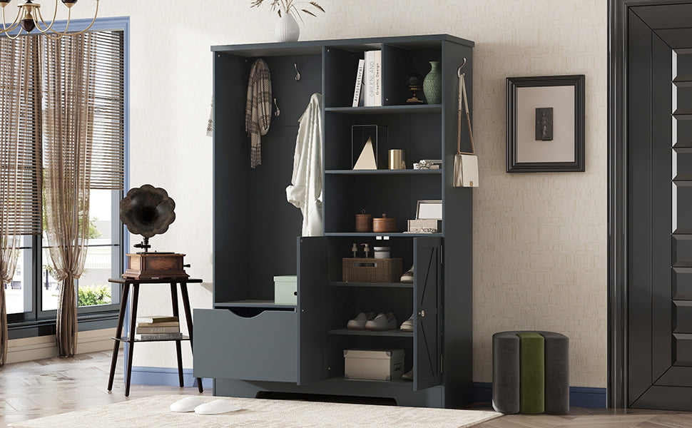 Multi-functional Hall Tree with Storage Shelves Drawers and Cabinet, Elegant Hallway Shoe Cabinet with Bench Antique Blue V.I.P Digital Presence