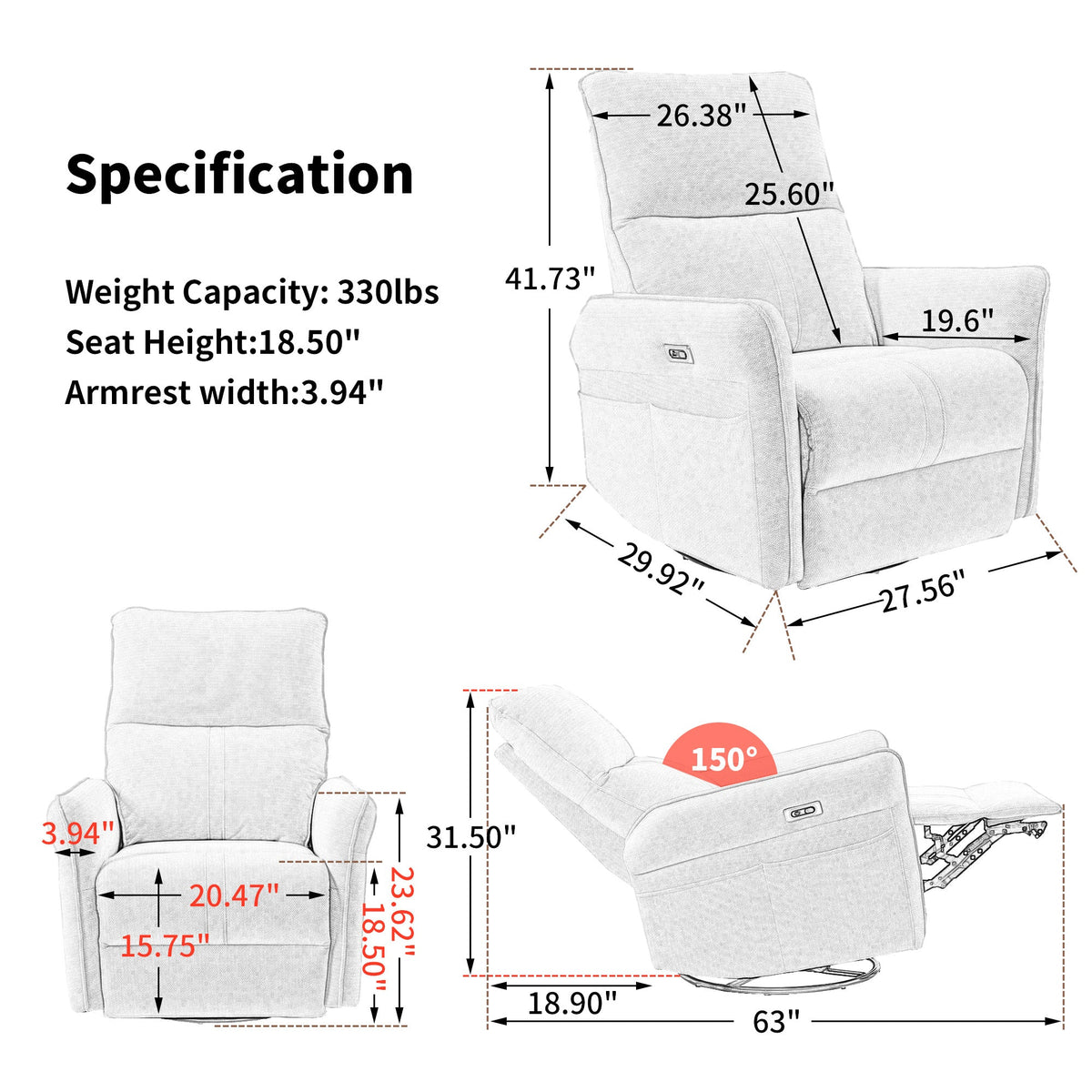 270° Power Swivel Rocker Recliner Chair