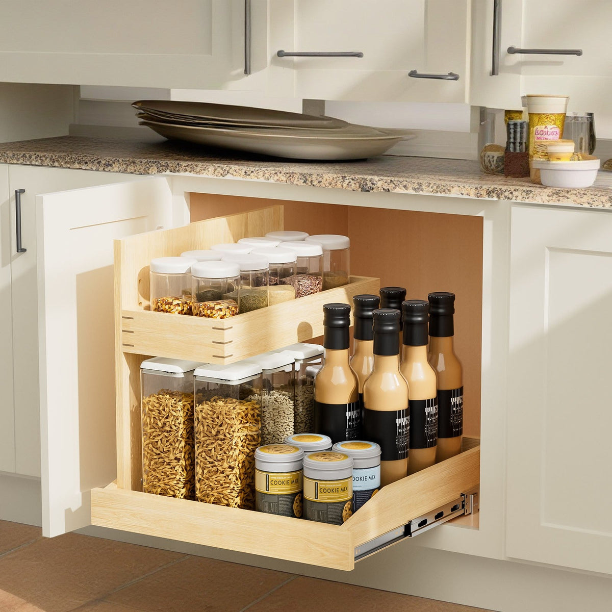 2 Tier Pull Out Under Sink Organizer with Full-Tension Slides - Natural Wood HouseOfZazla