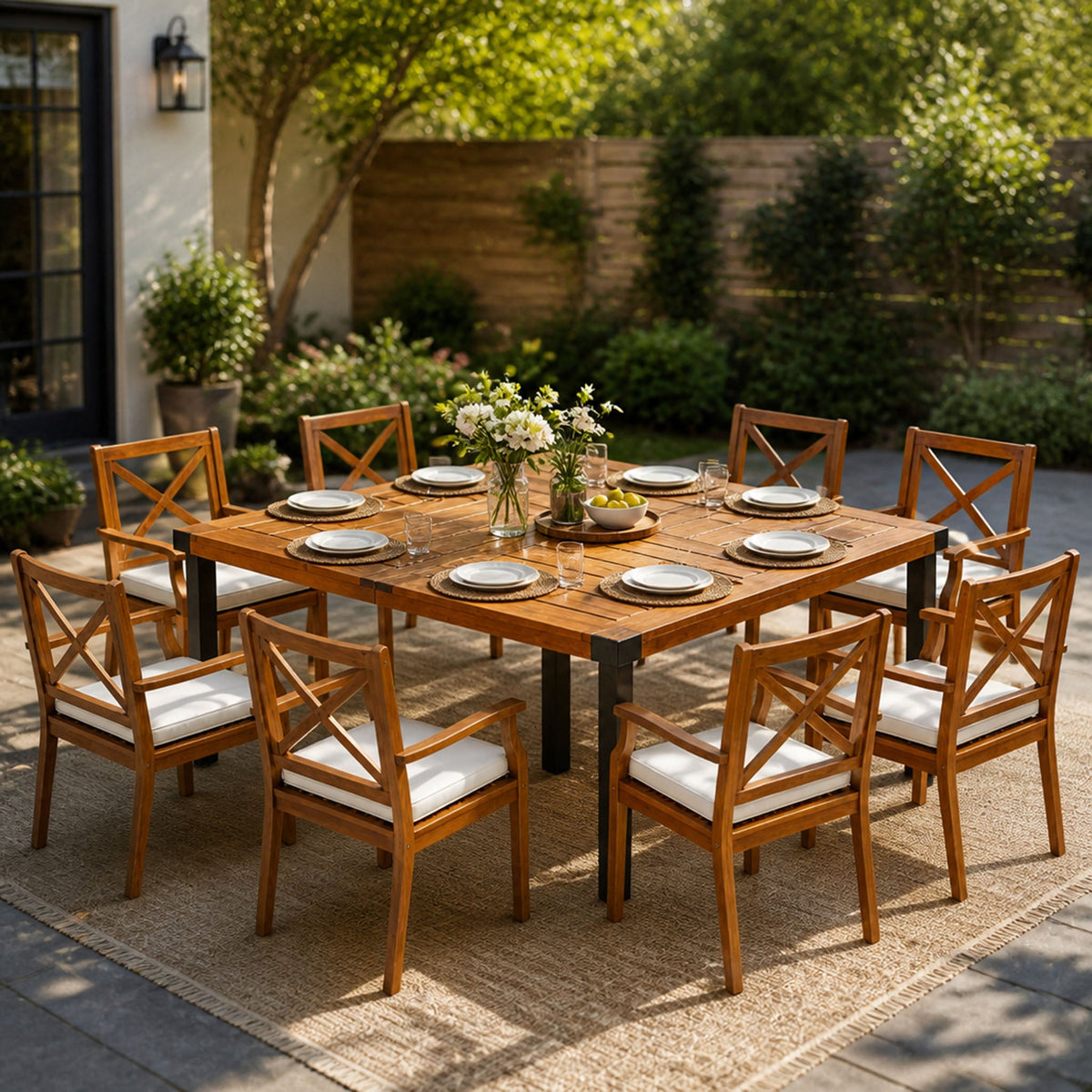 9-Piece Acacia Wood Outdoor Patio Dining Set with X-Back Chairs - Teak Finish HouseOfZazla