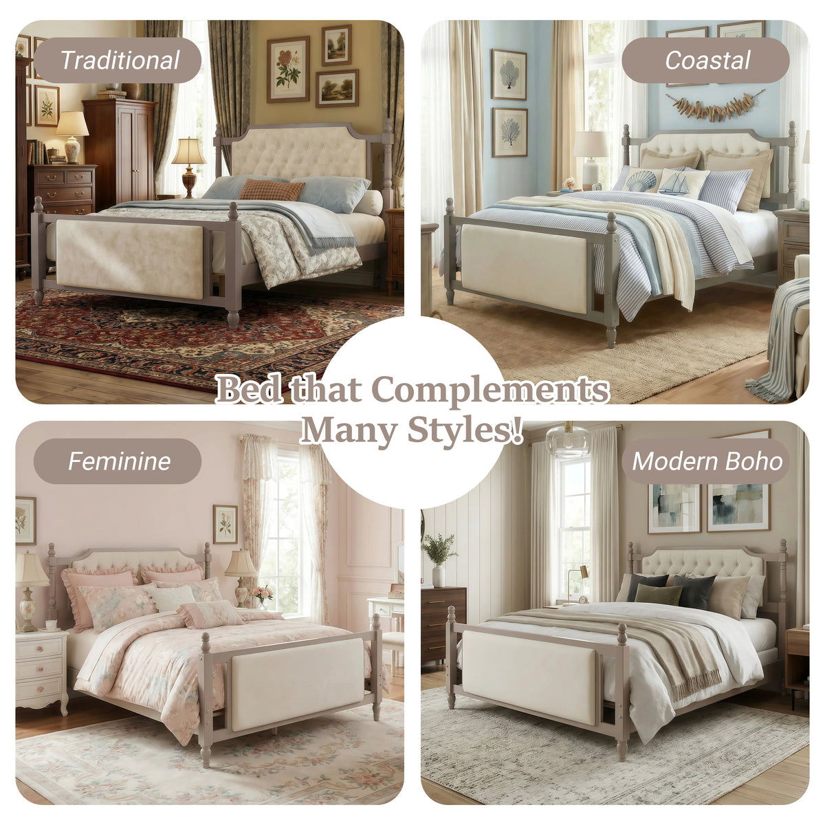 Queen Size Upholstered Platform Bed with Button Tufted Velvet Headboard - Taupe or Brown HouseOfZazla