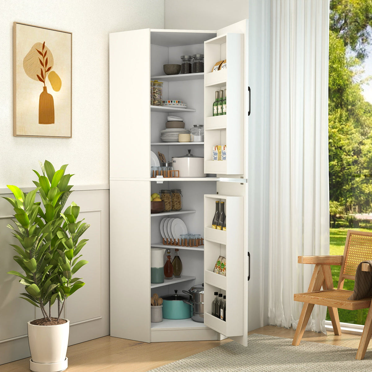 White Corner Kitchen Pantry Cabinet with Vertical Storage - White HouseOfZazla