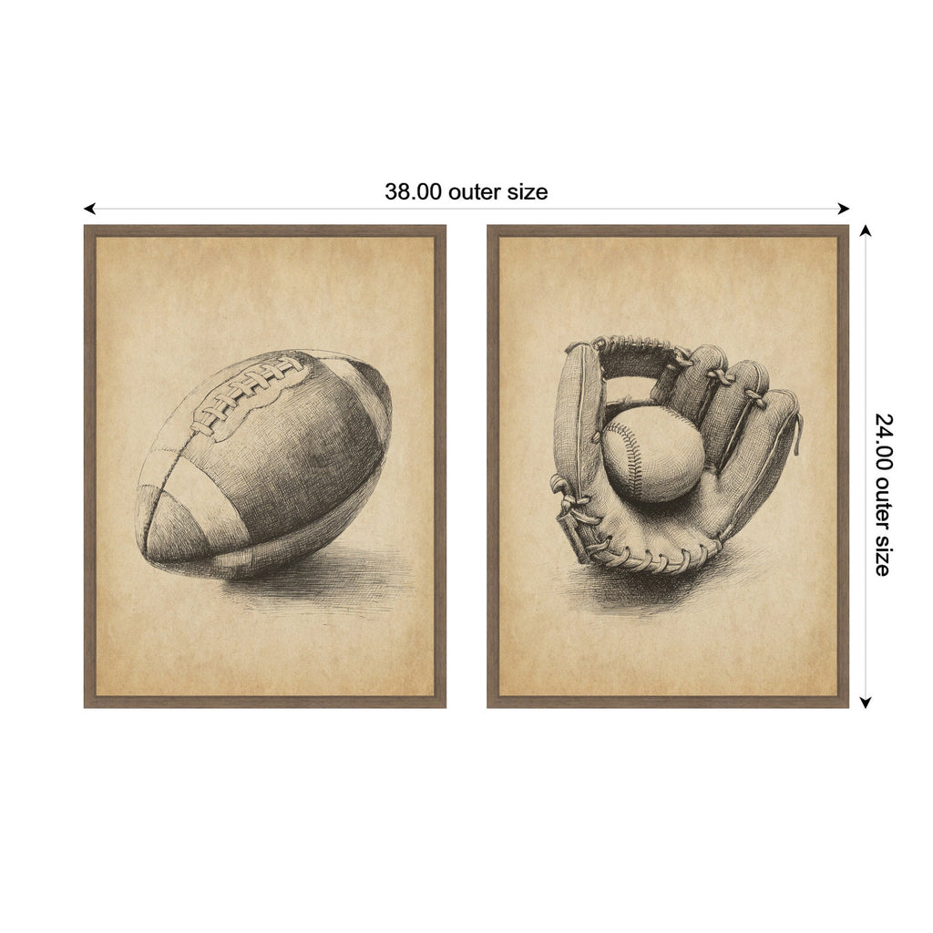 Vintage Football & Baseball 2 Piece Framed Canvas Wall Art Set by The Creative Bunch Studio