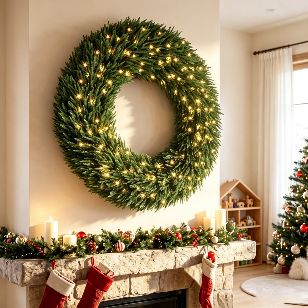 48" Artificial Norfolk Pine Christmas Wreath with LED Lights - Green HouseOfZazla