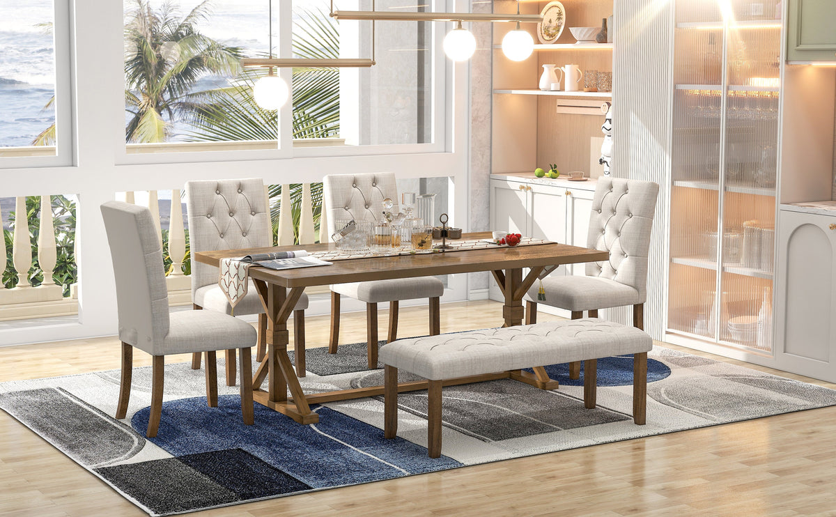 Farmhouse Dining Table Set with Upholstered Chairs and Bench - Beige HouseOfZazla