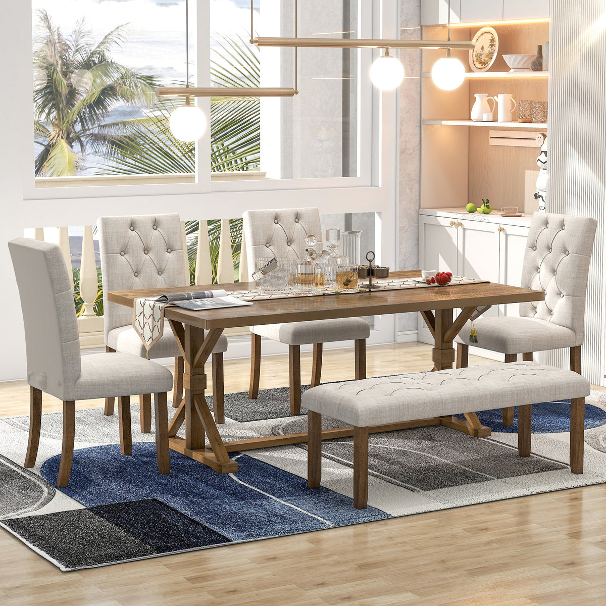 Farmhouse Dining Table Set with Upholstered Chairs and Bench - Beige HouseOfZazla