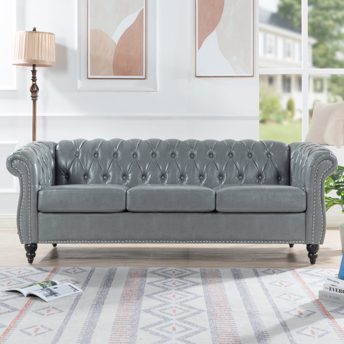 Rolled Arm Chesterfield 3 Seater Sofa with Pocket Spring Support - PU HouseOfZazla
