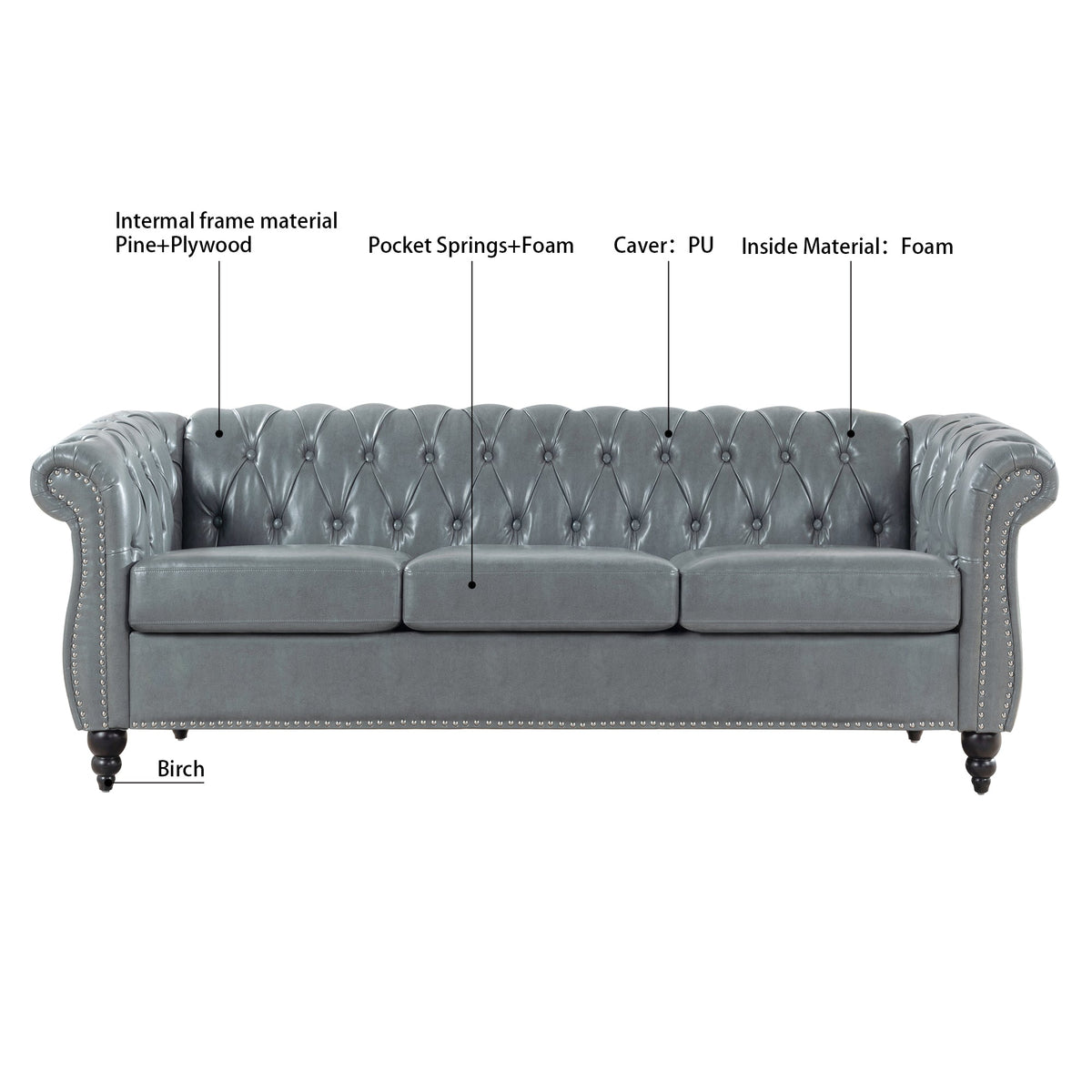Rolled Arm Chesterfield 3 Seater Sofa with Pocket Spring Support - PU HouseOfZazla