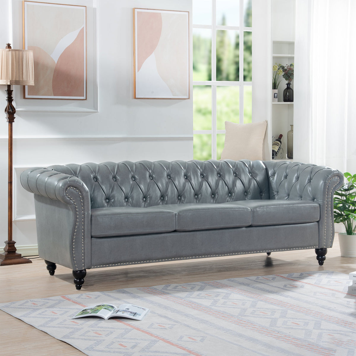 Rolled Arm Chesterfield 3 Seater Sofa with Pocket Spring Support - PU HouseOfZazla