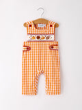 Fall Turkey Embroidered Romper for Baby Boys – Orange Checkered with Thanksgiving Details Rylee Faith Designs