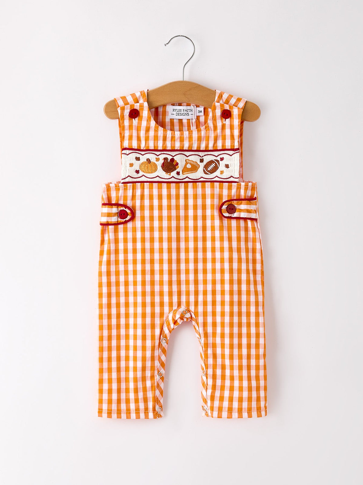 Fall Turkey Embroidered Romper for Baby Boys – Orange Checkered with Thanksgiving Details Rylee Faith Designs