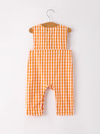 Fall Turkey Embroidered Romper for Baby Boys – Orange Checkered with Thanksgiving Details Rylee Faith Designs