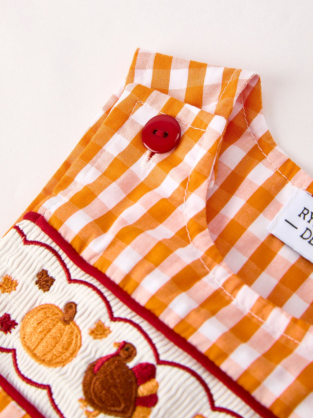 Fall Turkey Embroidered Romper for Baby Boys – Orange Checkered with Thanksgiving Details Rylee Faith Designs