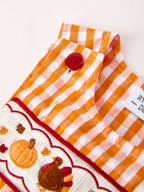 Fall Turkey Embroidered Romper for Baby Boys – Orange Checkered with Thanksgiving Details Rylee Faith Designs
