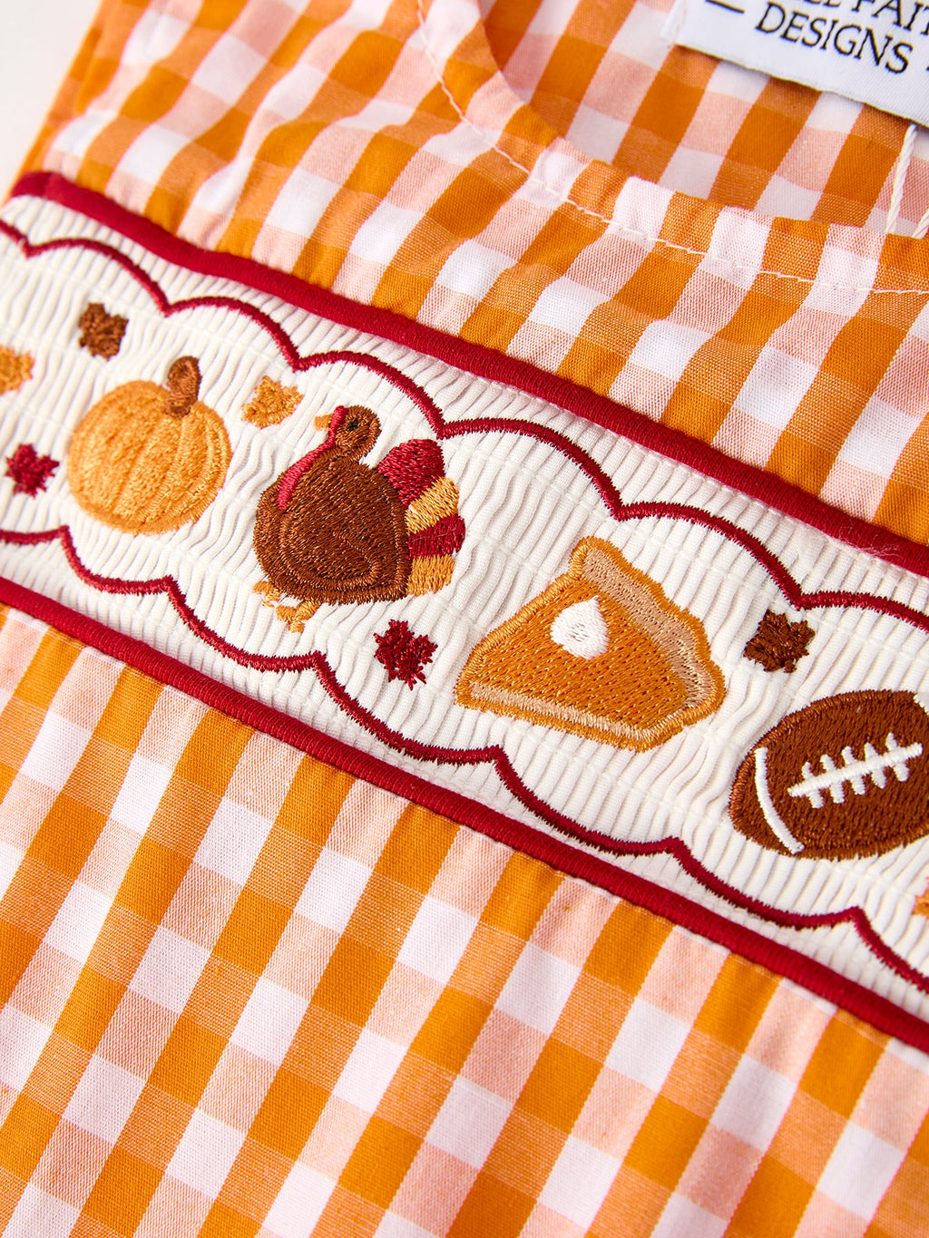 Fall Turkey Embroidered Romper for Baby Boys – Orange Checkered with Thanksgiving Details Rylee Faith Designs