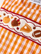 Fall Turkey Embroidered Romper for Baby Boys – Orange Checkered with Thanksgiving Details Rylee Faith Designs