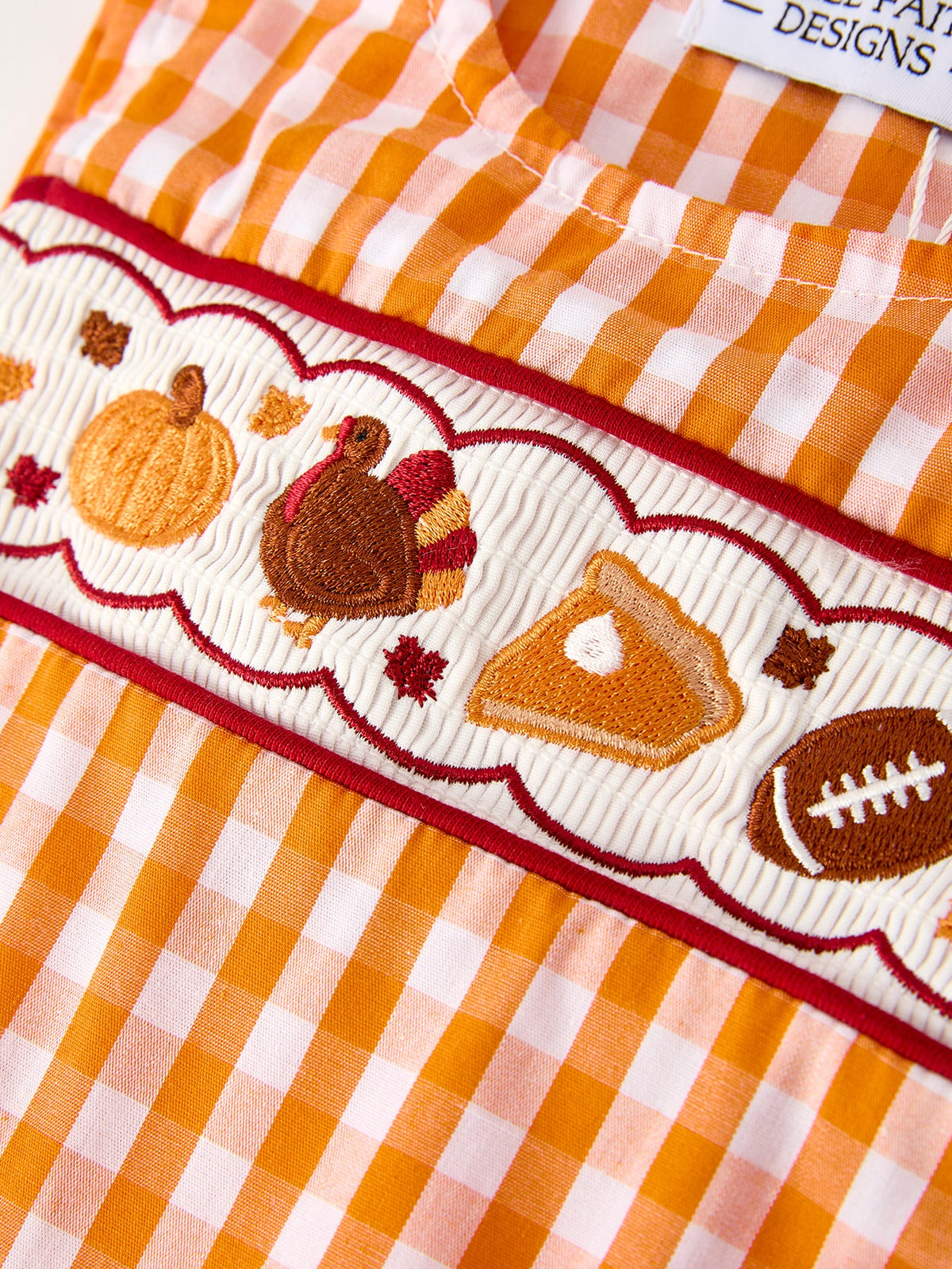 Fall Turkey Embroidered Romper for Baby Boys – Orange Checkered with Thanksgiving Details Rylee Faith Designs