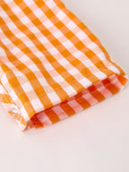 Fall Turkey Embroidered Romper for Baby Boys – Orange Checkered with Thanksgiving Details Rylee Faith Designs