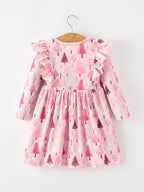Christmas Tree Print Girls Pink Ruffle Long Sleeve Dress Rylee Faith Designs